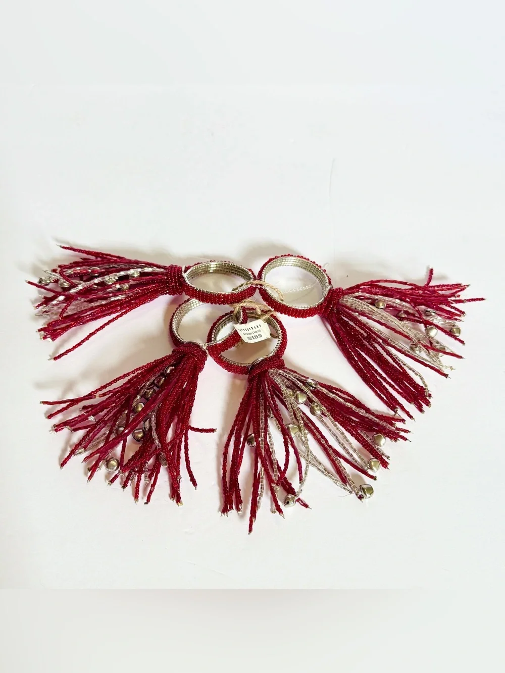 NWT Pottery Barn Red & Silver Beaded Jingle Bell Tassel Napkin Rings Set of 4